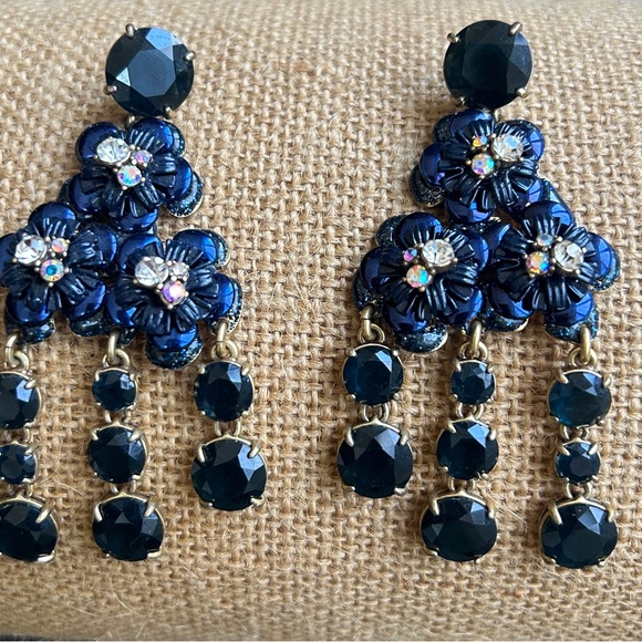 J.Crew Navy Blue Large Dangle Statement Earrings Crystal Rhinestones - Picture 2 of 14